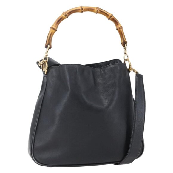 GUCCI Bamboo Shoulder Bag Leather 2way Black Gold - Picture 1 of 16